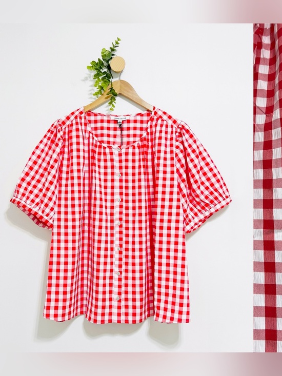 Rose & Olive Tops - Rose & Olive Red White Check Print Puff Sleeves Romantic Blouse Plus Size